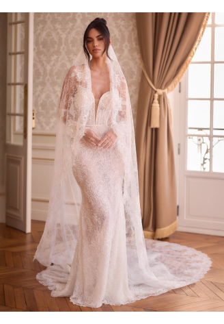 Bianco Evento S547 – welon ślubny z koronki Chantilly, kolor kości słoniowej, 300 cm ()