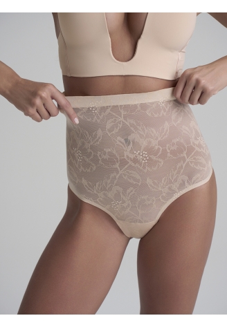 BYE BRA Lacy High Waist Shaping Thong Stringi Beżowy ()